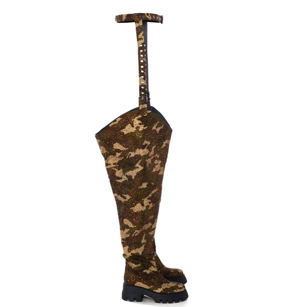 Callie Lives MIZ Azalea Wang PopOut Rhinestone Camo Chap Flat ThighHigh Boot 8.5 - Picture 4 of 8